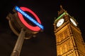 Big Ben Clock and London Underground station sign Royalty Free Stock Photo